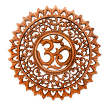 Load image into Gallery viewer, Hand Carved Suar Wood Sanskrit Om Sign Outlined with Lotuses - Lotus Om | NOVICA