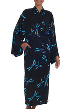 Load image into Gallery viewer, Handcrafted Black Batik Robe with Dragonflies from Bali - Night Dragonflies | NOVICA