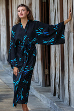 Load image into Gallery viewer, Handcrafted Black Batik Robe with Dragonflies from Bali - Night Dragonflies | NOVICA
