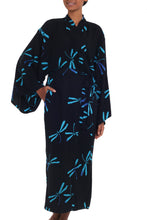 Load image into Gallery viewer, Handcrafted Black Batik Robe with Dragonflies from Bali - Night Dragonflies | NOVICA