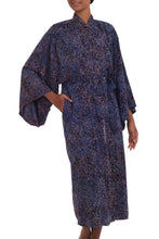 Load image into Gallery viewer, Handcrafted Blue & Peach Batik Rayon Robe from Indonesia - Bewildering Maze | NOVICA