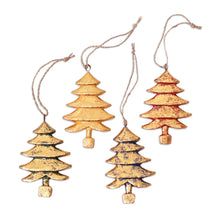 Load image into Gallery viewer, Four Gold Tone Albesia Wood Tree Ornaments from Bali - Golden Trees | NOVICA