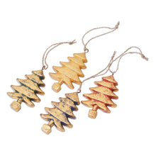 Load image into Gallery viewer, Four Gold Tone Albesia Wood Tree Ornaments from Bali - Golden Trees | NOVICA