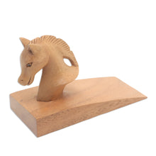 Load image into Gallery viewer, Hand Carved Suar Wood Horse Door Stopper in Brown from Bali - Handy Horse in Brown | NOVICA