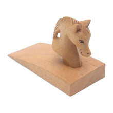 Load image into Gallery viewer, Hand Carved Suar Wood Horse Door Stopper in Brown from Bali - Handy Horse in Brown | NOVICA