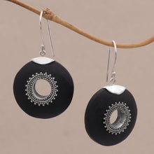 Load image into Gallery viewer, Sterling Silver and Lava Stone Dangle Earrings from Bali - Starlight Circles | NOVICA