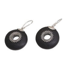 Load image into Gallery viewer, Sterling Silver and Lava Stone Dangle Earrings from Bali - Starlight Circles | NOVICA