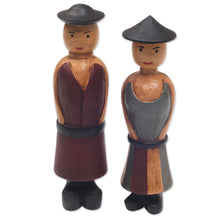 Load image into Gallery viewer, Hand Carved Wood Figurines of a Farmer Couple from Bali - Happy Farmers | NOVICA