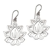Load image into Gallery viewer, Sterling Silver Lotus Flower Dangle Earrings from Bali - Unforgettable Lotus | NOVICA