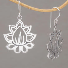 Load image into Gallery viewer, Sterling Silver Lotus Flower Dangle Earrings from Bali - Unforgettable Lotus | NOVICA