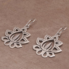 Load image into Gallery viewer, Sterling Silver Lotus Flower Dangle Earrings from Bali - Unforgettable Lotus | NOVICA