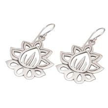 Load image into Gallery viewer, Sterling Silver Lotus Flower Dangle Earrings from Bali - Unforgettable Lotus | NOVICA
