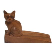 Load image into Gallery viewer, Handcrafted Suar Wood Cat Doorstop in Brown from Bali - Helpful Kitten in Brown | NOVICA