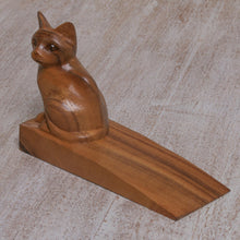 Load image into Gallery viewer, Handcrafted Suar Wood Cat Doorstop in Brown from Bali - Helpful Kitten in Brown | NOVICA