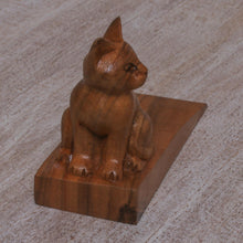 Load image into Gallery viewer, Handcrafted Suar Wood Cat Doorstop in Brown from Bali - Helpful Kitten in Brown | NOVICA