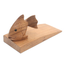 Load image into Gallery viewer, Handcrafted Suar Wood Fish Doorstop in Brown from Bali - Helpful Goldfish in Brown | NOVICA