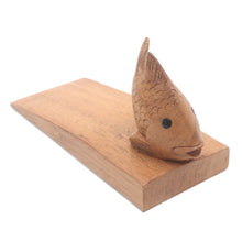 Load image into Gallery viewer, Handcrafted Suar Wood Fish Doorstop in Brown from Bali - Helpful Goldfish in Brown | NOVICA