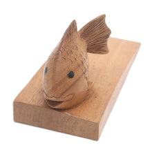 Load image into Gallery viewer, Handcrafted Suar Wood Fish Doorstop in Brown from Bali - Helpful Goldfish in Brown | NOVICA