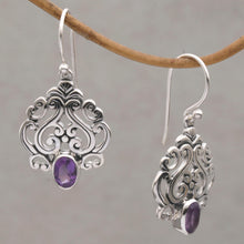 Load image into Gallery viewer, Amethyst and Sterling Silver Dangle Earrings from Bali - Jeweled Mystery | NOVICA