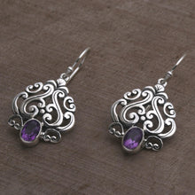 Load image into Gallery viewer, Amethyst and Sterling Silver Dangle Earrings from Bali - Jeweled Mystery | NOVICA