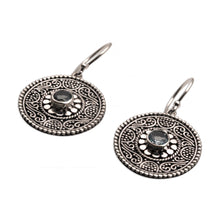 Load image into Gallery viewer, Blue Topaz and 925 Silver Circular Dangle Earrings from Bali - Mystic Shields | NOVICA