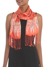 Load image into Gallery viewer, Batik Silk Shawl with Truntum Motifs in Tangerine from Bali - Truntum Majesty | NOVICA