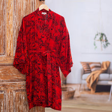 Load image into Gallery viewer, Red and Black Rayon Hand Crafted Floral Batik Short Robe - Adoration | NOVICA