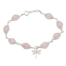Load image into Gallery viewer, Rose Quartz Bead Charm Bracelet Sterling Silver Dragonfly - Moonlight Dragonfly in Rose | NOVICA