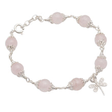 Load image into Gallery viewer, Rose Quartz Bead Charm Bracelet Sterling Silver Dragonfly - Moonlight Dragonfly in Rose | NOVICA