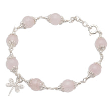 Load image into Gallery viewer, Rose Quartz Bead Charm Bracelet Sterling Silver Dragonfly - Moonlight Dragonfly in Rose | NOVICA