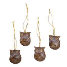 Load image into Gallery viewer, Set of Javanese Handmade Coconut Shell Owl Figure Ornaments - Watchful Owls | NOVICA