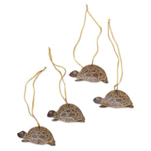 Load image into Gallery viewer, Set of 4 Handmade Brown Coconut Shell Turtle Ornaments - Royal Turtle | NOVICA
