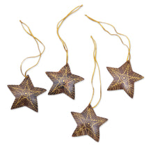 Load image into Gallery viewer, Set of 4 Handmade Brown Coconut Shell Star Ornaments - Bright Lights in the Sky | NOVICA