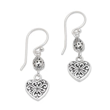 Load image into Gallery viewer, Sterling Silver Heart Shaped Dangle Earrings from Indonesia - Seeds of Hatiku | NOVICA