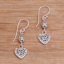 Load image into Gallery viewer, Sterling Silver Heart Shaped Dangle Earrings from Indonesia - Seeds of Hatiku | NOVICA