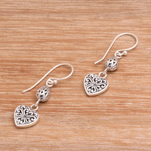 Load image into Gallery viewer, Sterling Silver Heart Shaped Dangle Earrings from Indonesia - Seeds of Hatiku | NOVICA