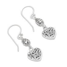 Load image into Gallery viewer, Sterling Silver Heart Shaped Dangle Earrings from Indonesia - Seeds of Hatiku | NOVICA