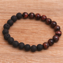 Load image into Gallery viewer, Black Lava Stone and Brown Agate Beaded Stretch Bracelet - Quiet Volcano | NOVICA