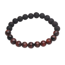 Load image into Gallery viewer, Black Lava Stone and Brown Agate Beaded Stretch Bracelet - Quiet Volcano | NOVICA