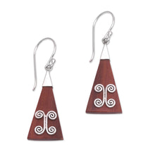 Load image into Gallery viewer, Wood Triangle Sterling Silver Swirl Modern Dangle Earrings - Reach | NOVICA