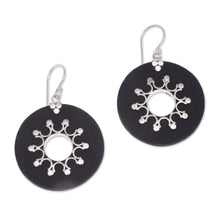 Load image into Gallery viewer, Sterling Silver Lava Stone Dark Sun Black Dangle Earrings - Dark Sun | NOVICA