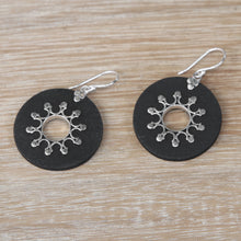 Load image into Gallery viewer, Sterling Silver Lava Stone Dark Sun Black Dangle Earrings - Dark Sun | NOVICA