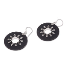 Load image into Gallery viewer, Sterling Silver Lava Stone Dark Sun Black Dangle Earrings - Dark Sun | NOVICA
