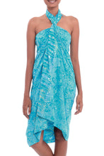 Load image into Gallery viewer, Leaf Motif Batik Rayon Sarong in Blue from Bali - Cerulean Eden | NOVICA