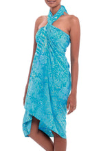 Load image into Gallery viewer, Leaf Motif Batik Rayon Sarong in Blue from Bali - Cerulean Eden | NOVICA