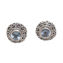 Load image into Gallery viewer, Swirl Pattern Blue Topaz Stud Earrings from Bali - God Eye | NOVICA