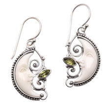 Load image into Gallery viewer, Peridot Crescent Moon Dangle Earrings from Bali - Bun Moons | NOVICA