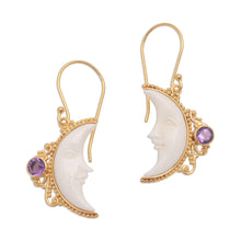 Load image into Gallery viewer, Gold Plated Amethyst Crescent Moon Dangle Earrings from Bali - Regal Crescents | NOVICA