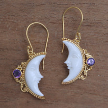 Load image into Gallery viewer, Gold Plated Amethyst Crescent Moon Dangle Earrings from Bali - Regal Crescents | NOVICA