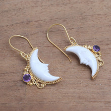 Load image into Gallery viewer, Gold Plated Amethyst Crescent Moon Dangle Earrings from Bali - Regal Crescents | NOVICA